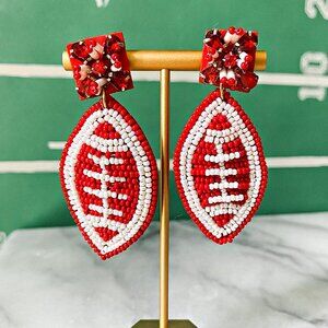 Red White Football Gameday Crystal Rhinestone Topped Seed Beaded Earrings